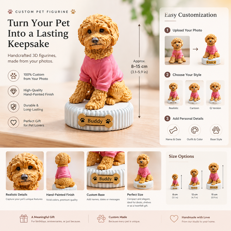 Custom 3D Printed Pet Figurine (Hand-Finished Dog & Cat Memorial Replica)
