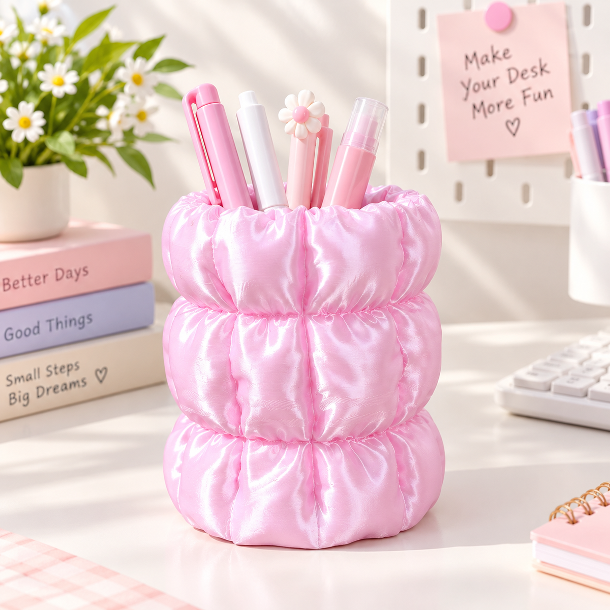Pastel Pink Puffer Pen Holder on Desk