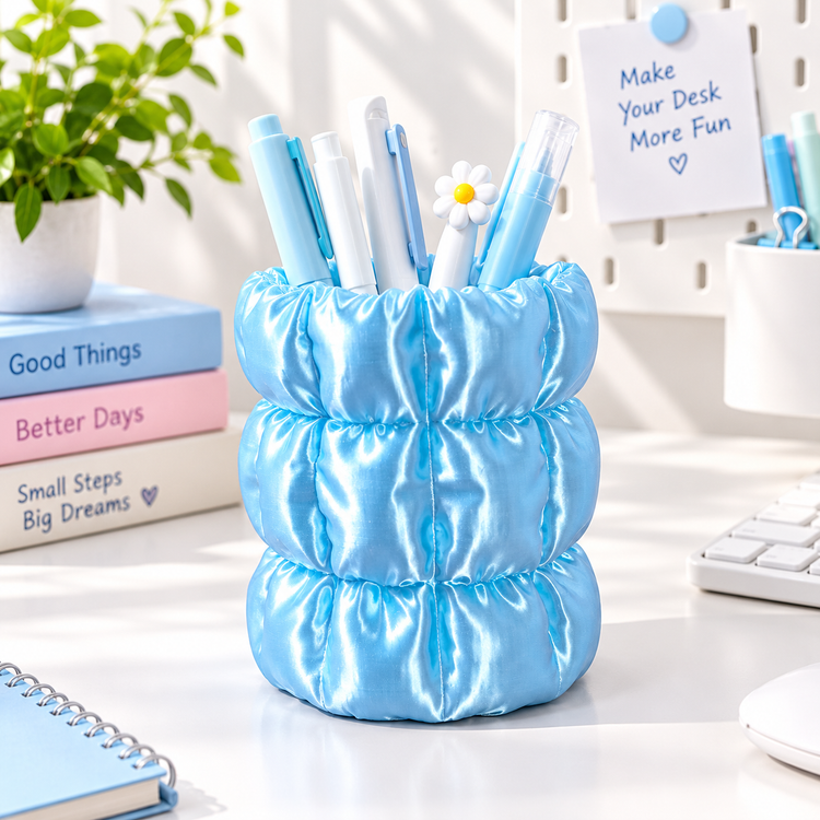 Pastel Blue Puffer Pen Holder on Desk